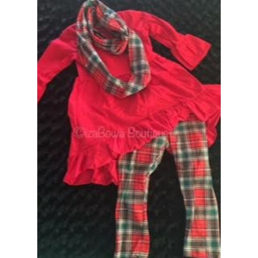 Red & Green Plaid Hi/Lo Shirt/Pant/Scarf 3pc Set  1225S Small 2T (I) NWTBoutique
